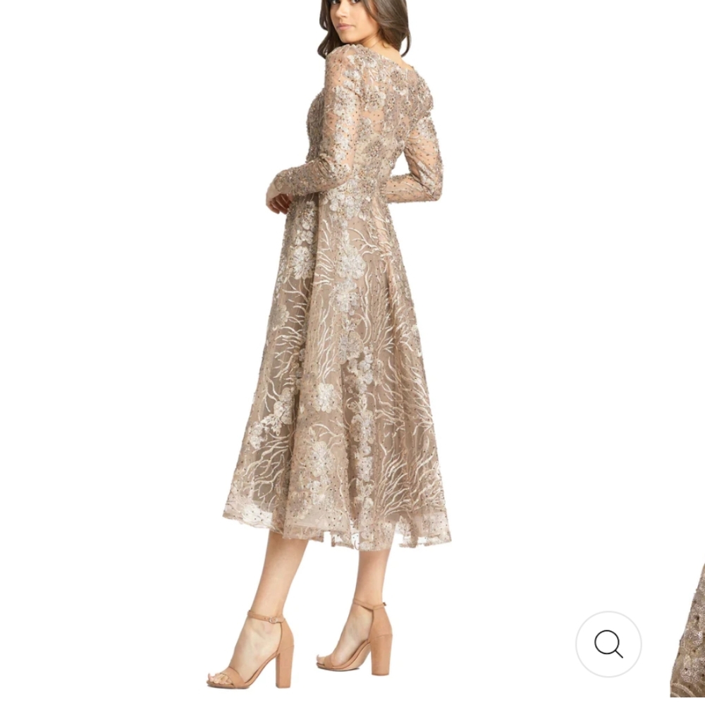 Mac Duggal Embellished Plunge Neck Illusion Long sleeve Midi Vintage gold Size 4